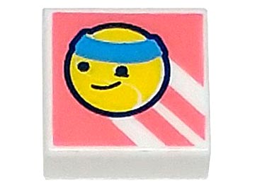 3070pb246 - Tile 1 x 1 with Yellow Tennis Ball with Face and Dark Azure Headband on Coral Background with Diagonal Stripes Pattern
