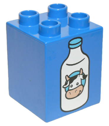 31110pb096 - Duplo, Brick 2 x 2 x 2 with Milk Bottle with Cow Head Pattern