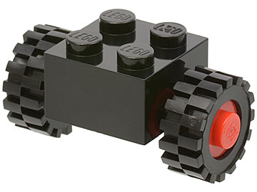 3137c01assy2 - Brick, Modified 2 x 2 with Red Wheels for Single Tire with Black Tires 15mm D. x 6mm Offset Tread Small (3137c01 / 3641)