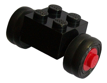 3137c02assy1 - Brick, Modified 2 x 2 with Red Wheels for Dually Tire with Black Tires Smooth Small Dually (3137c02 / 7b)