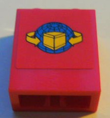 3245bpb21 - Brick 1 x 2 x 2 with Inside Axle Holder with Box and Arrows and Globe on Red Background Pattern (Sticker) - Set 7939