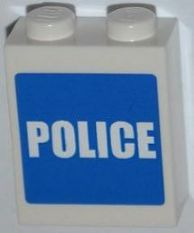 3245cpb012 - Brick 1 x 2 x 2 with Inside Stud Holder with White 'POLICE' on Blue Background Pattern (Sticker) - Set 7498