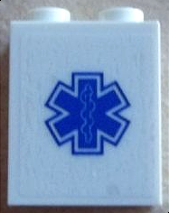 3245cpb020 - Brick 1 x 2 x 2 with Inside Stud Holder with Blue EMT Star of Life on Transparent Background Pattern (Sticker) - Set 60023