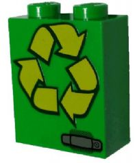 3245cpb038 - Brick 1 x 2 x 2 with Inside Stud Holder with Yellow Recycling Arrows and Silver Door Handle Pattern