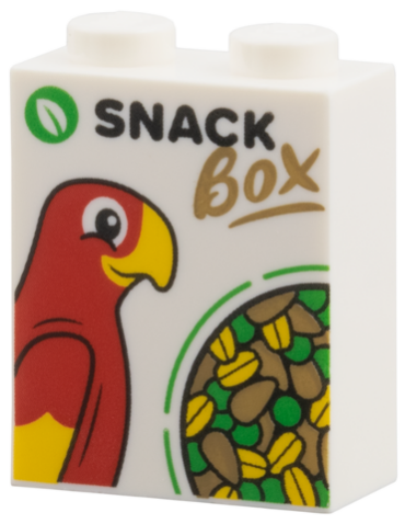 3245cpb288 - Brick 1 x 2 x 2 with Inside Stud Holder with Green Leaf, Red Parrot, Seeds, Black 'SNACK', Dark Tan 'BOX' Pattern