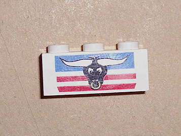 3622pb007 - Brick 1 x 3 with Steer / Bull's Head, Blue and Red Stripes Pattern