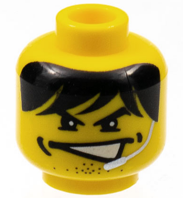 3626pb0230 - Minifigure, Head Male Partially Open Mouth, Black Shaggy Hair, Dimples, Stubble, and Silver Microphone Pattern (Charge)