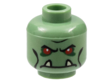 3626pb0280 - Minifigure, Head Alien Troll with Red Eyes, Black Eyebrows and Cheek Lines, Dark Green Eye Shadow, and Frown with Tan Lower Fangs Pattern