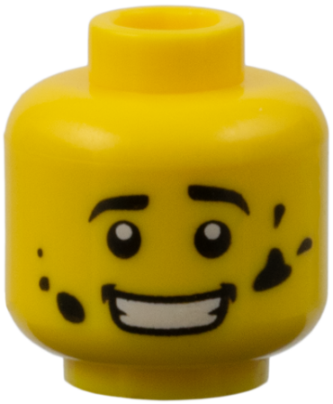 3626pb0660 - Minifigure, Head Black Eyebrows, White Pupils, Dirt Stains, Open Mouth Smile with Teeth Pattern