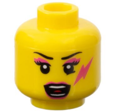 3626pb0714 - Minifigure, Head Female Black Thin Eyebrows, Eyelashes, Dark Pink Eye Shadow, Lips, and Lightning Bolt, Open Mouth with Teeth Parted and Red Tongue Pattern