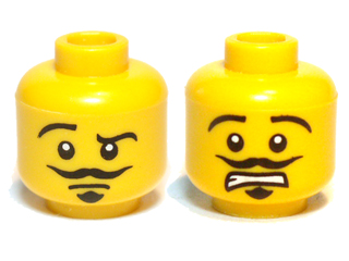 3626pb0800 - Minifigure, Head Dual Sided Moustache, Goatee, Raised Eyebrow, Smirk / Open Mouth Scared Pattern