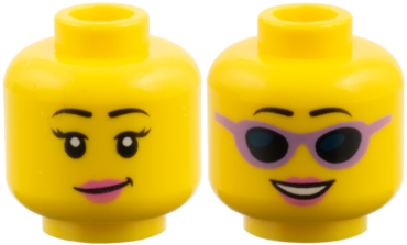 3626pb1277 - Minifigure, Head Dual Sided Female Black Eyebrows, Dark Pink Lips, Eyelashes / Sunglasses with Medium Lavender Frames Pattern