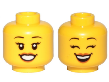 3626pb2379 - Minifigure, Head Dual Sided Female Black Eyebrows, Eyelashes, Medium Nougat Lips, Smile, Teeth, Open Eyes / Closed Eyes Pattern - Hollow Stud
