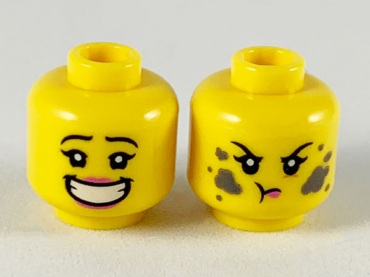 3626pb2440 - Minifigure, Head Dual Sided Female, Pink Lips Big Smile with Teeth / Dirt Stains, Angry Pattern - Hollow Stud