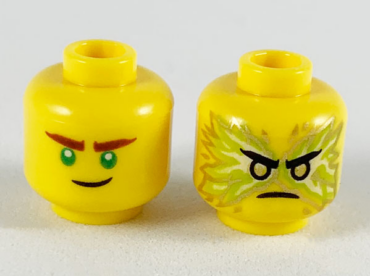 3626pb2445 - Minifigure, Head Dual Sided Reddish Brown Eyebrows, Green Eyes, Crooked Smile / Black Eyebrows, Gold Eyes, Energy, Angry Pattern (Lloyd) - Hollow Stud