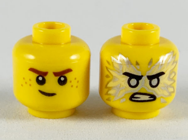 3626pb2446 - Minifigure, Head Dual Sided Reddish Brown Eyebrows, White Pupils, Lopsided Smile / Black Eyebrows, Flat Silver Eyes, Energy, Angry Pattern (Jay) - Hollow Stud