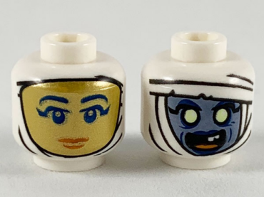 3626pb2465 - Minifigure, Head Dual Sided Female, Gold Face with Dark Blue Eyes and Red Lips / Sand Blue Face with Yellow Eyes and Open Mouth Pattern - Hollow Stud