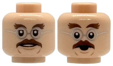 3626pb2477 - Minifigure, Head Dual Sided Dark Brown Bushy Eyebrows, Moustache, Silver Round Glasses, Open Mouth / Shocked Pattern - Hollow Stud