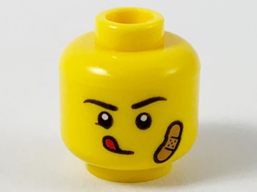3626pb2603 - Minifigure, Head Black Eyebrows, Red Tongue Sticking Out, Medium Nougat Bandage on Left Cheek Pattern - Hollow Stud