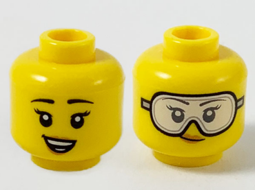 3626pb2606 - Minifigure, Head Dual Sided Female, Black Eyebrows, Peach Lips, Smile Showing Teeth / Safety Goggles Pattern - Hollow Stud