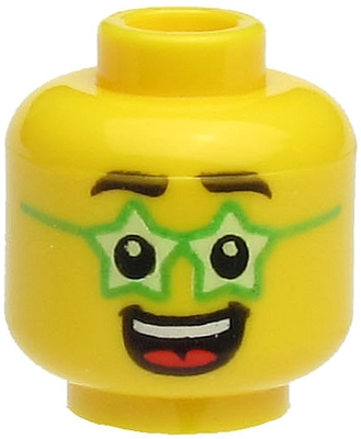 3626pb2612 - Minifigure, Head Black Eyebrows, Green Glasses Star Shaped, Large Open Mouth Smile with Teeth and Tongue Pattern - Hollow Stud
