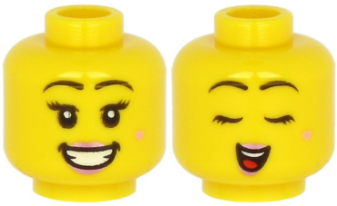 3626pb2634 - Minifigure, Head Dual Sided Female Black Eyebrows, Metallic Pink Lips, Beauty Mark, Open Mouth Smile with Teeth / Closed Eyes Singing Pattern - Hollow Stud