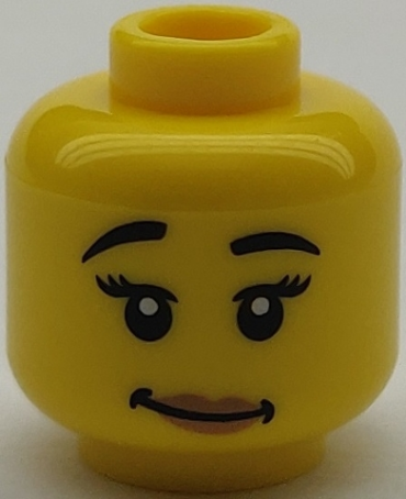 3626pb2664 - Minifigure, Head Female Black Eyebrows Raised, Eyelashes, Medium Nougat Lips, Lopsided Grin with Dimples Pattern - Hollow Stud