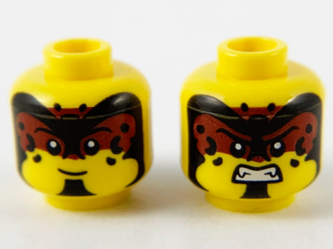 3626pb2744 - Minifigure, Head Dual Sided Black and Dark Red Forehead Makeup, Black Spots and Chin, Grin / Fierce with Fangs Pattern - Hollow Stud