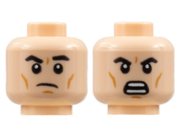 3626pb2840 - Minifigure, Head Dual Sided, Black Eyebrows, Dark Orange Cheek Lines, Frown Left Eyebrow Raised / Open Scowl Pattern - Hollow Stud