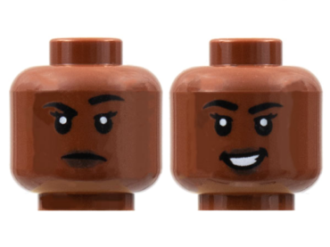 3626pb2866 - Minifigure, Head Dual Sided Female, Black Eyebrows, Dark Brown Lips, Raised Right Eyebrow / Smile with Teeth Pattern - Hollow Stud