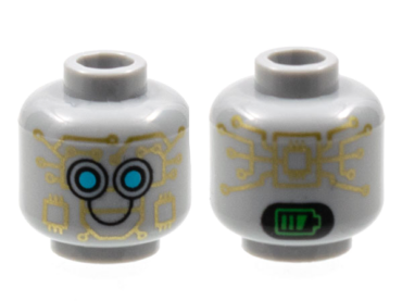 3626pb2957 - Minifigure, Head Alien Robot with Gold Circuitry, Medium Azure Eyes, Black Smile, and Bright Green Battery Indicator on Back Pattern - Hollow Stud