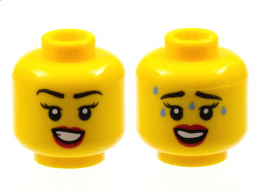 3626pb2958 - Minifigure, Head Dual Sided Female Black Eyebrows, Red Lips, Smile with Teeth / Worried with Sweat Pattern - Hollow Stud