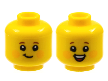 3626pb2960 - Minifigure, Head Dual Sided Child Reddish Brown Eyebrows, Bright Light Orange Circles on Cheeks, Lopsided Grin / Open Mouth Smile with Top Teeth and Red Tongue Pattern - Hollow Stud
