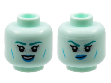 3626pb2961 - Minifigure, Head Dual Sided Alien Female Dark Turquoise Eyebrows, Silver Freckles, Dark Azure Lips, Cheek Lines, Smile / Scowl Pattern - Hollow Stud