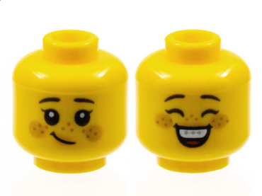 3626pb2962 - Minifigure, Head Dual Sided Child Female Black Eyebrows, Eyelashes, Bright Light Orange Lips and Circles on Cheeks, Medium Nougat Freckles, Lopsided Grin / Closed Eyes and Open Mouth Smile with Top Teeth, Braces, and Red Tongue Pattern - Hollow Stud
