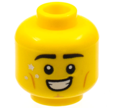 3626pb2968 - Minifigure, Head Black Eyebrows, Gold Stars, Medium Nougat Cheek Lines and Cleft Chin, Smile with Teeth Pattern - Hollow Stud