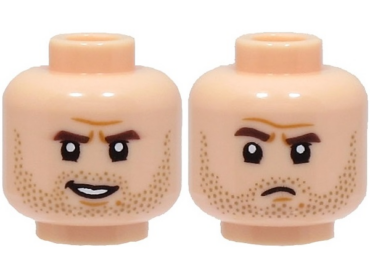 3626pb3278 - Minifigure, Head Dual Sided Dark Brown Eyebrows, Dark Tan Stubble Beard, Medium Nougat Chin Dimple, Lopsided Open Mouth Smile / Frown Pattern - Hollow Stud