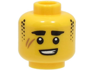 3626pb3315 - Minifigure, Head Black Thick Eyebrows and Stubble Sideburns, Medium Nougat Scar, Lopsided Open Mouth Smile with Teeth Pattern - Hollow Stud (BAM)