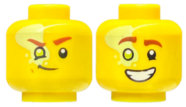 3626pb3431 - Minifigure, Head Dual Sided Reddish Brown Eyebrows, Lime Right Eye with Yellowish Green Splotch, Smirk / Open Mouth Smile with Teeth Pattern - Vented Stud