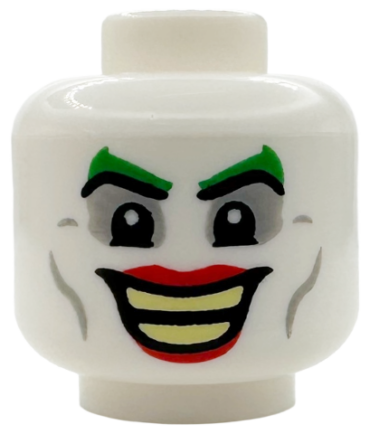 3626pb3447 - Minifigure, Head Green Eyebrows, Red Lips, Light Bluish Gray Eye Shadow and Cheek Lines, Open Mouth Smile with Bright Light Yellow Teeth Parted Pattern (The Joker) - Vented Stud