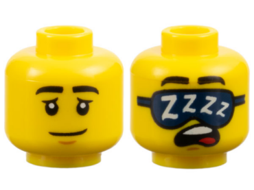 3626pb3476 - Minifigure, Head Dual Sided Black Eyebrows, Medium Nougat Chin Dimple, Neutral with Eyelids / Sleeping with Open Mouth, Dark Blue Sleep Mask with White 'ZZZZ' Pattern - Vented Stud