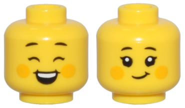 3626pb3509 - Minifigure, Head Dual Sided Female Black Eyebrows, Bright Light Orange Cheek Spots, Closed Eyes, Open Mouth Smile / Closed Mouth Smile Pattern - Vented Stud