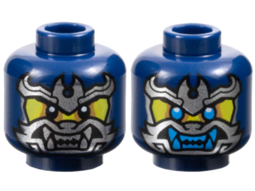 3626pb3542 - Minifigure, Head Dual Sided Yellow Face, Silver Samurai Mask, Black Eyes / Dark Azure Eyes and Teeth Pattern - Vented Stud