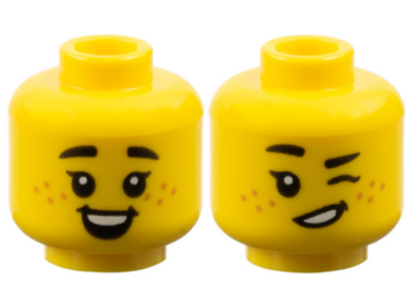 3626pb3767 - Minifigure, Head Dual Sided Child Female Black Small Thick Eyebrows, Single Eyelashes, Medium Nougat Freckles, Open Mouth Smile with Dimples and Top Teeth / Winking Pattern - Vented Stud