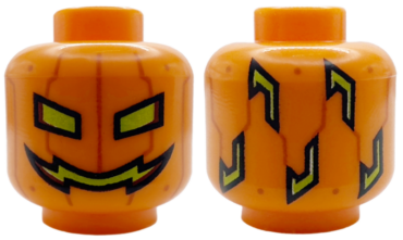 3626pb3922 - Minifigure, Head Pumpkin Jack O' Lantern with Lime Eyes, Mouth and Shapes on Back, Dark Orange Vertical Lines and Dots Pattern