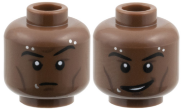 3626pb3948 - Minifigure, Head Dual Sided, Black Eyebrows, Dark Brown Cheek Lines, Silver Piercings and Lip Ring, Raised Eyebrow Left / Lopsided Grin Pattern