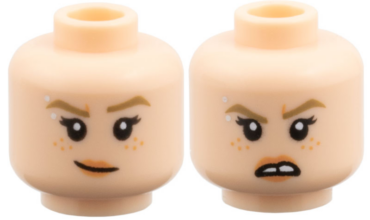 3626pb3950 - Minifigure, Head Dual Sided Female, Dark Tan Eyebrows, Silver Eyebrow Piercing, Nougat Freckles and Lips, Lopsided Grin / Open Mouth Scowl with Tooth Gap Pattern