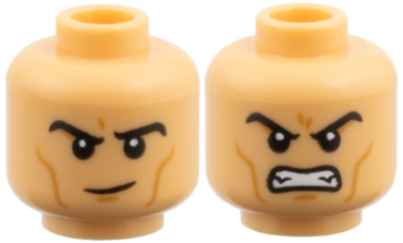 3626pb3951 - Minifigure, Head Dual Sided, Black Eyebrows, Medium Nougat Cheek Lines and Chin Dimple, Raised Eyebrow Right / Fierce Open Mouth Scowl with Teeth Pattern