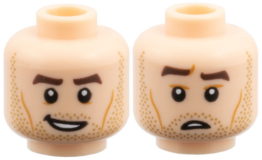 3626pb3957 - Minifigure, Head Dual Sided, Dark Brown Eyebrows, Medium Nougat Cheek Lines, Dark Tan Stubble, Lopsided Open Mouth Grin / Confused with Raised Eyebrow Right Pattern