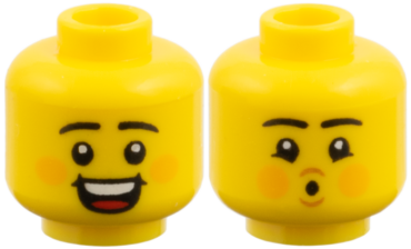 3626pb4063 - Minifigure, Head Dual Sided, Black Eyebrows, Orange Cheeks, Open Smile / Pucker Pattern